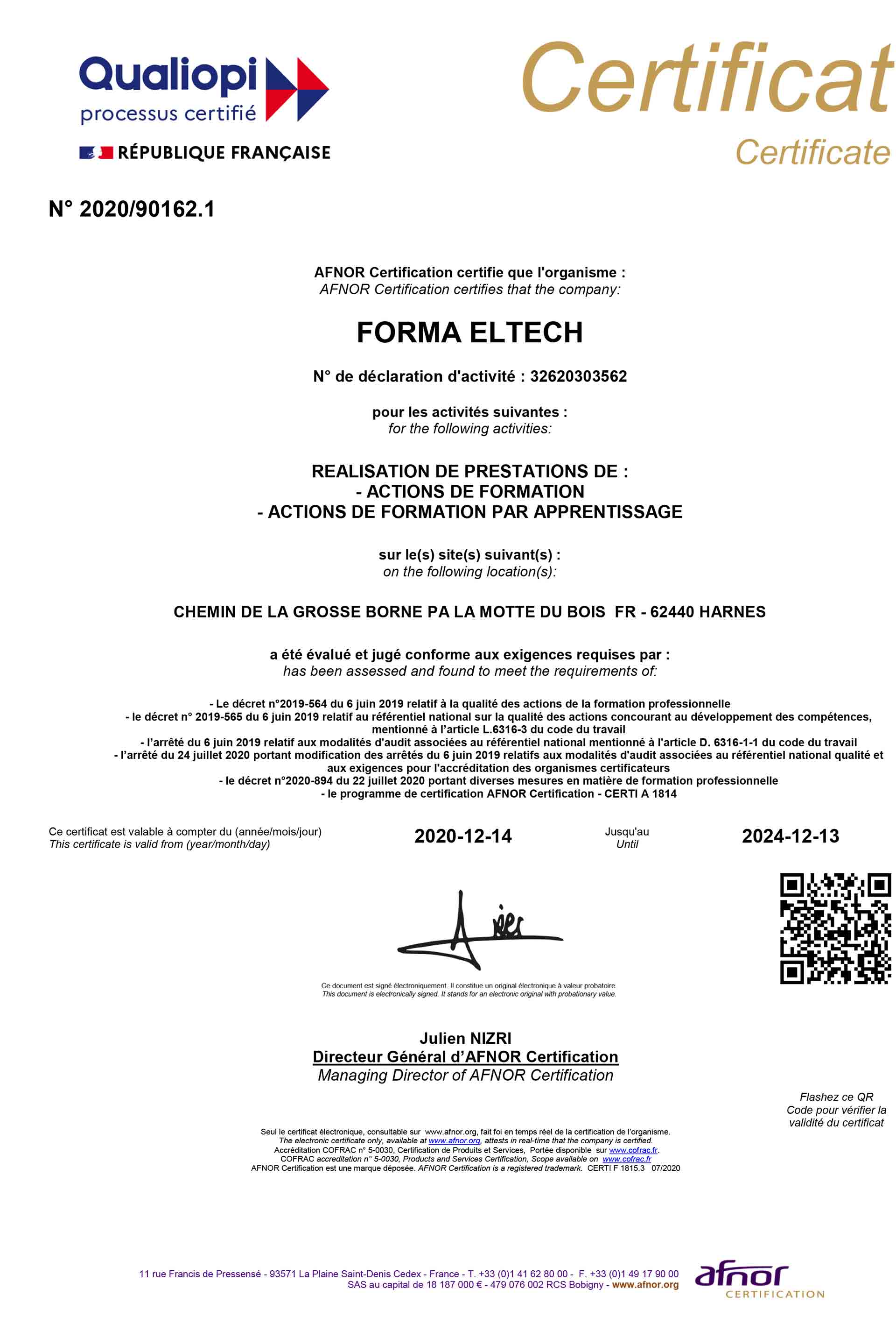 Certification Qualiopi de Forma Eltech